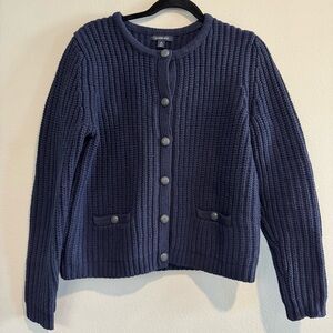 Lands End Wool Ribbed Knit Cardigan Sweater Navy Preppy Academia Minimalist M